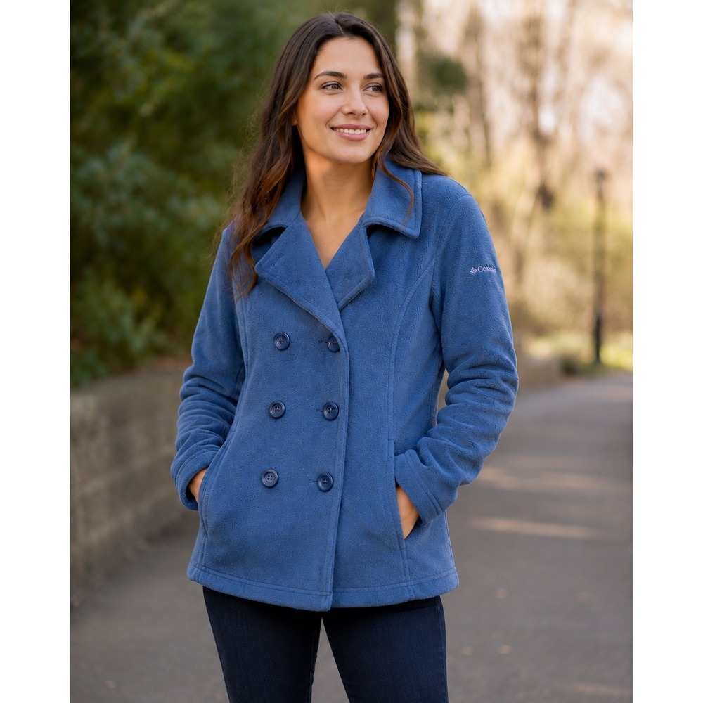 Columbia Blue Fleece Pea Coat Double Breasted Jacket L Outdoor Nautical Hiking
